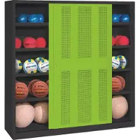 C+P Ballschrank mit Lochblech-Schiebetüren (Typ 4), HxBxT 195x190x60 cm, Clowngrün (RAL 110 80 60), Anthrazit (RAL 7021), Einzelschließung