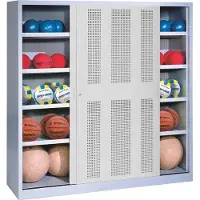 C+P Ballschrank mit Lochblech-Schiebetüren (Typ 4), HxBxT: 195x120x60 cm, Lichtgrau (RAL 7035), Lichtgrau (RAL 7035), Gleichschließung