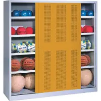 C+P Ballschrank mit Lochblech-Schiebetüren (Typ 4), HxBxT: 195x120x60 cm, Goldgelb (RAL 1004), Lichtgrau (RAL 7035), Gleichschließung