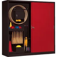 C+P Sportgeräteschrank mit Vollblech-Schiebetüren (Typ 5), HxBxT 195x190x60 cm, Rubinrot (RAL 3003), Anthrazit (RAL 7021), Gleichschließung