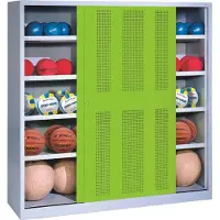 C+P Ballschrank mit Lochblech-Schiebetüren (Typ 4), HxBxT: 195x120x60 cm, Clowngrün (RAL 110 80 60), Lichtgrau (RAL 7035), Einzelschließung