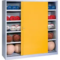 C+P Ballschrank mit Vollblech-Schiebetüren (Typ 4), HxBxT 195x120x50 cm, Verkehrsgelb (RAL 1023), Lichtgrau (RAL 7035), Einzelschließung