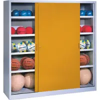 C+P Ballschrank mit Vollblech-Schiebetüren (Typ 4), HxBxT 195x160x50 cm, Goldgelb (RAL 1004), Lichtgrau (RAL 7035), Einzelschließung