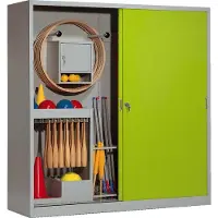 C+P Sportgeräteschrank mit Vollblech-Schiebetüren (Typ 5), HxBxT 195x190x60 cm, Clowngrün (RAL 110 80 60), Lichtgrau (RAL 7035), Gleichschließung