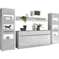 Furn.Design Wohnwand "Nobile" in Hochglanz weiß und Stone Design grau Anbauwand 4-teilig 369 x 198 cm