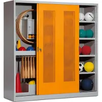 C+P Sportgeräteschrank mit Lochblech-Schiebetüren (Typ 5), HxBxT 195x190x60 cm, Goldgelb (RAL 1004), Lichtgrau (RAL 7035), Gleichschließung