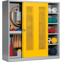 C+P Sportgeräteschrank mit Lochblech-Schiebetüren (Typ 5), HxBxT 195x190x60 cm, Verkehrsgelb (RAL 1023), Anthrazit (RAL 7021), Einzelschließung