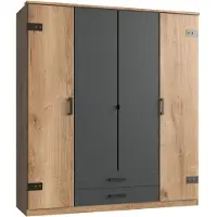 CALICOSY Kleiderschrank, mit 4 Türen, in Eiche und Graphit Nachbildung - L180 cm.