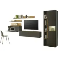 Furn.Design Wohnwand mit Sekretär in grau und Eiche, Wohnkombination Center 6-teilig 340 cm