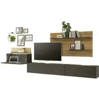 Furn.Design Wohnwand mit Sekretär in grau und Eiche, Wohnkombination Center 4-teilig 350 cm