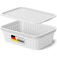 Novaliv Aufbewahrungsbox mit Deckel Mini 1L Korb Weiß in Rattan Design Lebensmittelecht Aufbewahrungskorb Stapelbox Nestbar Kunststoff BPA-frei Kiste Verstaubbox mit Deckel