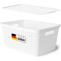 Novaliv Aufbewahrungsbox mit Deckel Groß 14L Korb Weiß in Rattan Design Lebensmittelecht Aufbewahrungskorb Stapelbox Nestbar Kunststoff BPA-frei Kiste Verstaubbox mit Deckel