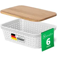 Novaliv 6er Set Aufbewahrungsboxen mit Holzdeckel Mini 1L Korb Weiß in Rattan Design Lebensmittelecht Aufbewahrungskorb Stapelboxen Nestbar Kunststoff BPA-frei Kiste Verstaubboxen mit Deckel