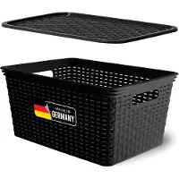 Novaliv Aufbewahrungsbox mit Deckel Groß 14L Korb Schwarz in Rattan Design Lebensmittelecht Aufbewahrungskorb Stapelbox Nestbar Kunststoff BPA-frei Kiste Verstaubbox mit Deckel