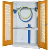 C+P Modul-Sportgeräteschrank "Grundausstattung" mit Lochblech-Flügeltüren, HxBxT 195x120x50 cm, Ergo-Lock Muldengriff, Goldgelb (RAL 1004), Lichtgrau (RAL 7035), Einzelschließung