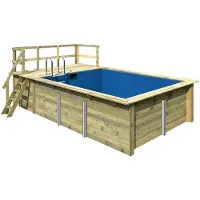 Karibu Aufstellpool Holzpool-Set Grösse 2 rechteckig 582x353x124 cm inkl. Bodenschutzvlies, Innenauskleidung mit Keilbiese & Leiter mit Plattform