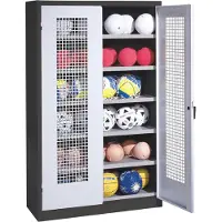 C+P Ballschrank mit Lochblech-Flügeltüren (Typ 3), HxBxT 195x120x50 cm, Lichtgrau (RAL 7035), Ergo-Lock Muldengriff, Anthrazit (RAL 7021), Einzelschließung