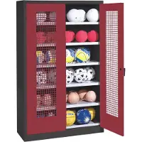 C+P Ballschrank mit Lochblech-Flügeltüren (Typ 3), HxBxT 195x120x50 cm, Ergo-Lock Muldengriff, Rubinrot (RAL 3003), Anthrazit (RAL 7021), Gleichschließung