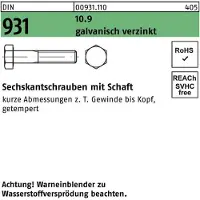 Industrial Quality Supplies Sechskantschraube DIN 931 m.Schaft M 14 x 80 10.9 galvanisch verzinkt