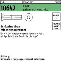 Industrial Quality Supplies Senkschraube ISO 10642 Innensechskant M 8 x 100 8.8 galvanisch verzinkt