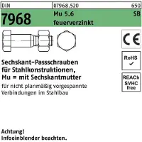 Reyher DIN 7968 - Stahl 5.6 feuerverzinkt - M 16x70 - Sechskant-Passschrauben für Stahlkonstruktionen CE