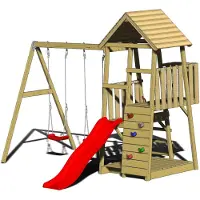 Wendi Toys , Kinderspielhaus, Kletterturm "Salamander" mit Rutsche, Kletterwand und 2 Schaukeln, holz / rot
