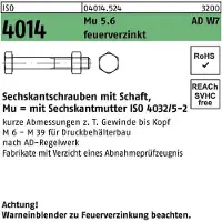 Reyher ISO 4014 - Stahl 5.6 feuerverzinkt - M 12x70 - Sechskantschrauben mit Schaft - AD W7 (für Druckbehäl