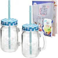 Hit 2er Set Glasbecher mit Henkel, Deckel und Trinkhalm inkl. Rezeptheft - blau kariert - 0,5 Liter Trinkbecher / Trinkglas mit Relief