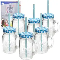 Hit 6er Set Glasbecher mit Henkel, Deckel und Trinkhalm inkl. Rezeptheft - blau kariert - 0,5 Liter Trinkbecher / Trinkglas mit Relief