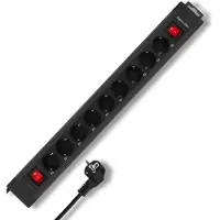 REV 9-fold w. 2 switches, 3,7m, 250 V, 16 A, 3500 W, Schwarz, 3,7 m, 590 x 43 x 67 mm