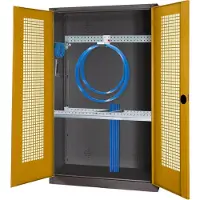 C+P Modul-Sportgeräteschrank "Grundausstattung" mit Lochblech-Flügeltüren, HxBxT 195x120x50 cm, Ergo-Lock Muldengriff, Goldgelb (RAL 1004), Anthrazit (RAL 7021), Einzelschließung