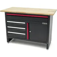 HBM Werkbank 120 cm mit 4 Schubladen, 1 Tür und Holzplatte - Schwarz