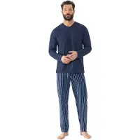 Mey Schlafanzug "STRAIGHT", Herren, Gr. S, blau (yacht blau), Single Jersey, Obermaterial: 100% Baumwolle, bequem lang, V-Ausschnitt, Homewear-Sets Schlafanzug, Langarm-Shirt mit Brusttasche