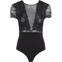 Pieces Stringbody "PCSICCA", Damen, Gr. M, N-Gr, schwarz, Jersey, Obermaterial: 85% Polyamid, 15% Elasthan, unifarben, sehr figurbetont, Rundhals, Bodys Stringbody, mit Spitze, Topseller
