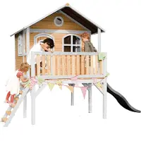 Axi Spielhaus Sophie mit grauer Rutsche | Stelzenhaus in Braun & Weiß aus Holz für Kinder | Spielturm mit Wellenrutsche für den Garten