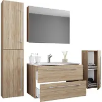 VCM 5-tlg. Set | 1 Waschtisch mit zwei Schubladen, 1 Spiegelschrank, 1 Waschbecken, 1 Midischrank, 1 Hochschrank | Keramik Waschbecken | hängend Unterschrank 80 cm | Badmöbel Set Waschplatz – Badinos