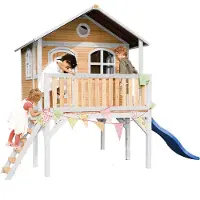Axi Spielhaus Sophie mit blaue Rutsche | Stelzenhaus in Braun & Weiß aus FSC Holz für Kinder | Spielturm mit Wellenrutsche für den Garten
