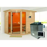 Karibu Sauna Innensauna Sinai 3 Eckeinstieg Ofen 9 KW externe Strg easy 264x198x214 cm mit Dachkranz