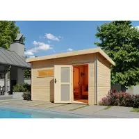 Karibu Saunahaus Außensauna Gartensauna Skrollan 3 unbehandelt Ofen 9 KW externe Strg easy 38mm Massivholz 396x231x227 cm mit Milchglas Tür
