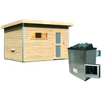 Karibu Saunahaus Außensauna Gartensauna Skrollan 2 unbehandelt Ofen 9 KW externe Strg easy 38mm Massivholz 336x231x227 cm mit Milchglas Tür