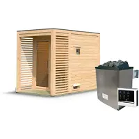 Karibu Saunahaus Außensauna Gartensauna Angkor 1 unbehandelt Ofen 9 KW externe Strg easy 38mm Massivholz 191x276x232 cm