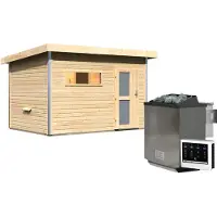 Karibu Saunahaus Außensauna Gartensauna Skrollan 2 unbehandelt Ofen 9 kW externe Strg easy 38mm Massivholz 336x231x227 cm mit Milchglas Tür