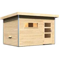 Karibu Saunahaus Außensauna Gartensauna Skrollan 2 unbehandelt ohne Zubehör 38mm Massivholz 336x231x227 cm mit Moderne Tür