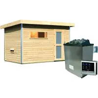 Karibu Saunahaus Außensauna Gartensauna Skrollan 1 unbehandelt Ofen 9 KW externe Strg easy 38mm Massivholz 336x196x228 cm mit Milchglas Tür