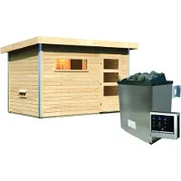Karibu , Holz Gartensauna / Saunahaus "Skrollan 1", naturbelassen, 336 x 196 x 228 cm (B x T x H), mit Ofen 9 kW + Steuergerät Easy Finnisch mit Klarglastür