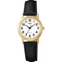 Q&Q Damenuhr 26mm Gehäuse, gepolstertes Kunstlederarmband Schwarz-Goldfarben, 3 ATM wasserdicht