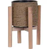 CosyDecor Blumentopf mit Ständer 14,5x23cm Metall Jute Holz 1 Stück Pflanzentopf zum Bepflanzen Pflanzgefäß außen & innen Blumenübertopf Deko Garten Braun