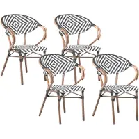 Beliani Gartenstuhl 4er Set Schwarz u. Weiß Polyrattan Geflochten Geometrisches Muster mit Armlehnen Metallbeine in Dunkler Holzoptik Outdoor Terrasse