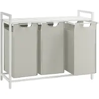 Vasagle Wäschekorb 3 Fächer, Wäschesammler mit Ablage, Wäschebox, Wäschesack aus Oxford-Gewebe abnehmbar, Metallrahmen, 3 x 40 L, 92,5 x 33 x 72 cm, cremeweiß-mattweiß