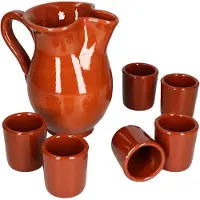 MamboCat 7tlg. Tongeschirr Set Tonkrug 0,5L + 6 Tonbecher 50ml braun glasiert - 99546 + 6x 12970
